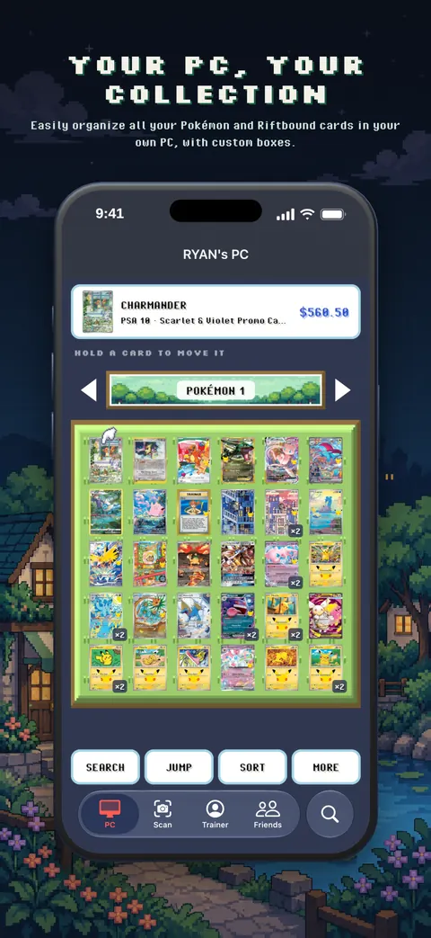 A box of 30 Pokémon cards in Trainer's PC, with SEARCH, JUMP, SORT and MORE buttons