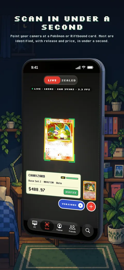 Scanning a card in the Trainer's PC app, with the result plate showing name, set and price