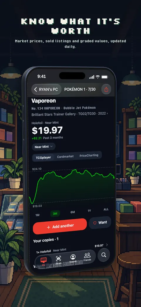 A Pokémon card page in Trainer's PC with its market price, price chart and price sources
