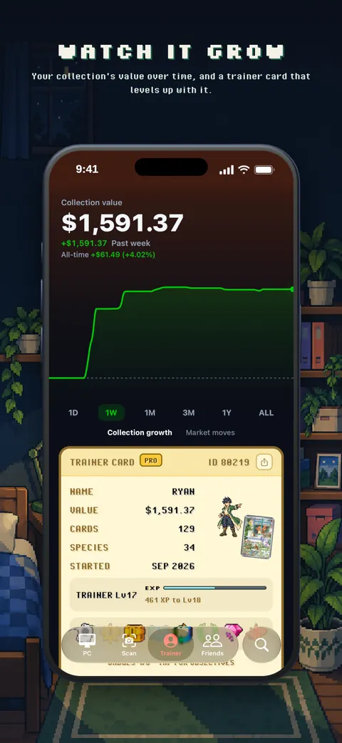 Trainer's PC collection value chart over time with the trainer card below it