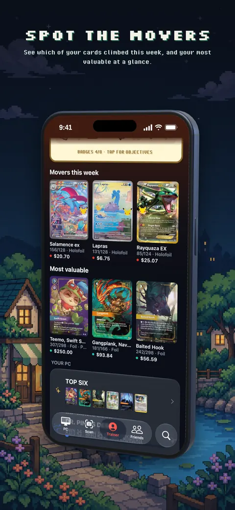 The movers list in Trainer's PC showing which cards in a collection rose in value this week