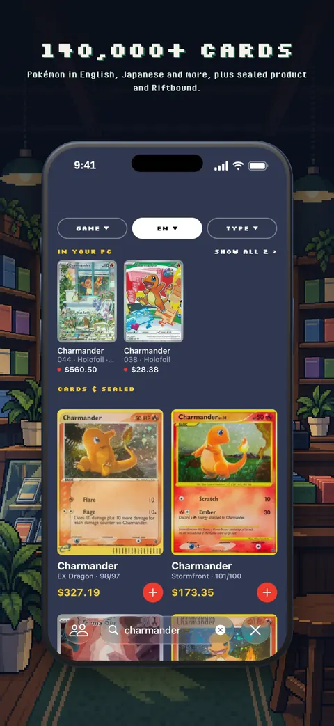 Search results in Trainer's PC showing English and Japanese Charmander cards with their prices