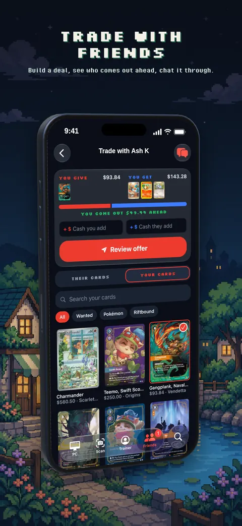 Building a card trade with a friend in Trainer's PC, showing both sides and who comes out ahead